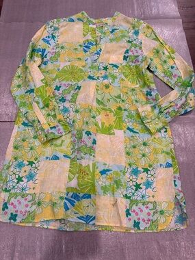 Floral Patchwork Linen Blend Tunic in Yellow Green Spring Shift Dress